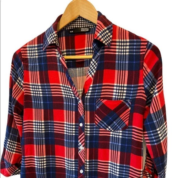 REBEL SUGAR Red&Blue Plaid Lightweight Button Up Collared Casual Top S - Picture 2 of 8